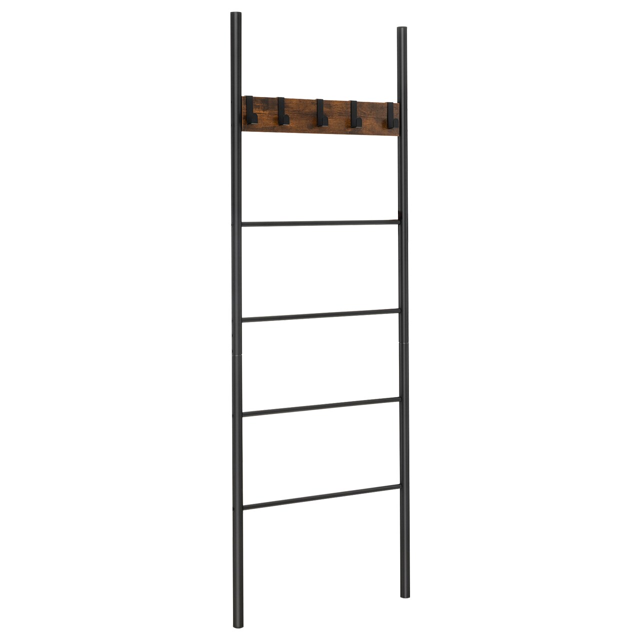 Black Wall-Leaning Decorative Blanket Holder with 5 Removable Hooks and Ladder Shelf